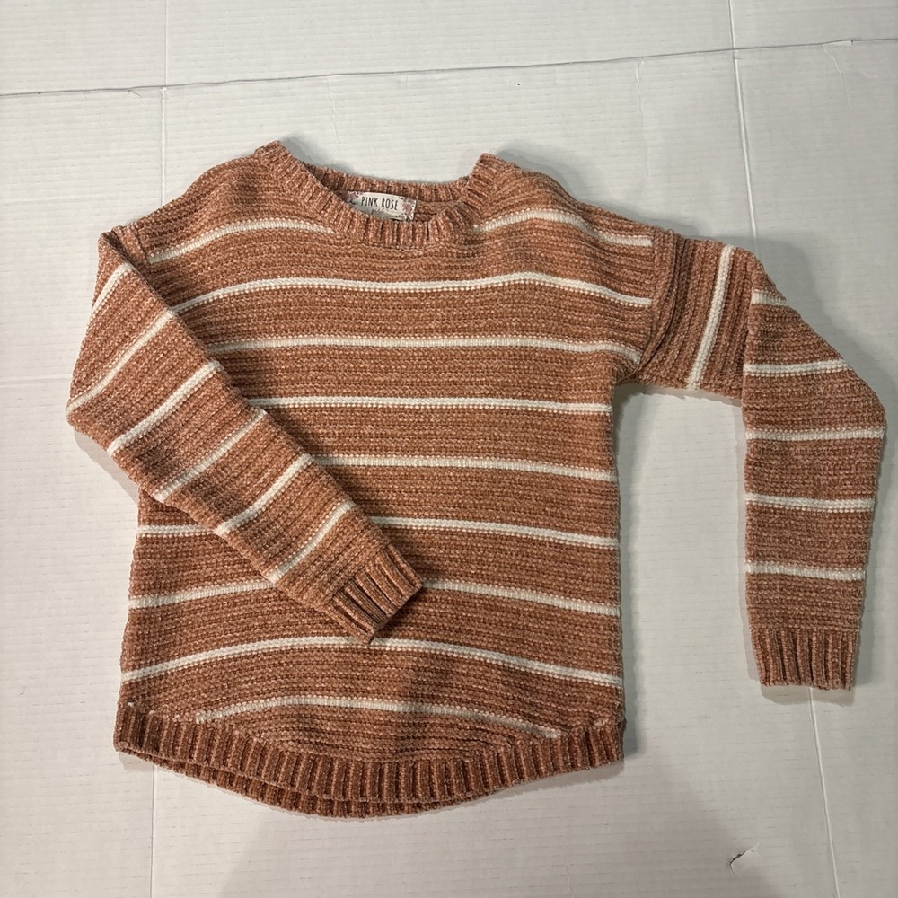 Pink Rose Girls Sweater Size M (10/12) Brown Striped Chenille Knit Pullover